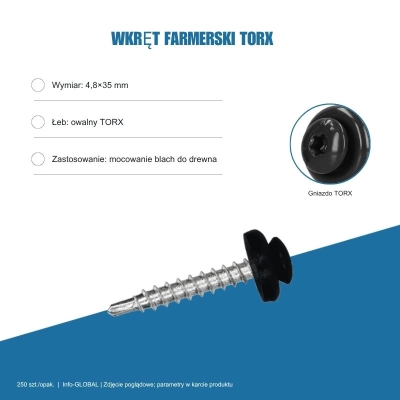 Wkręt farmerski TORX z owalnym łbem 4,8x35 mm do drewna – 250 szt., kolor RAL do wyboru